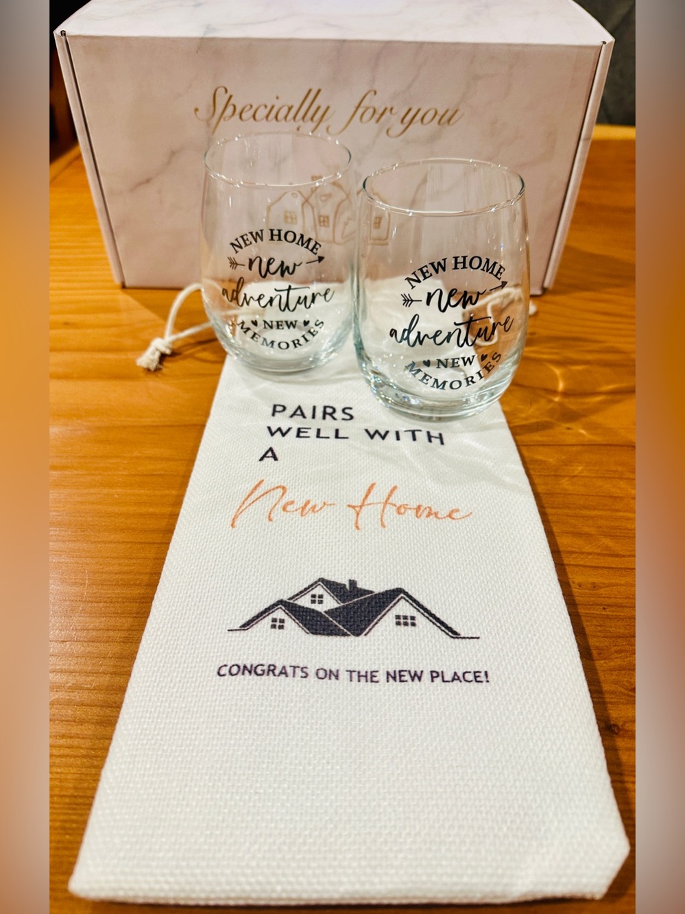 New Home Housewarming Gift 2x Stemless Wine Glasses “Pairs Well” Bottle Bag Box